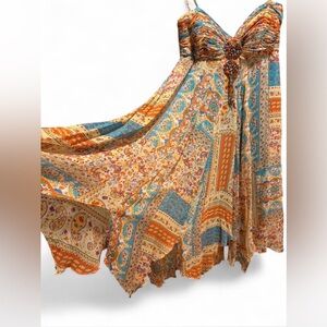 Vintage Lily Rubin Silk Beaded Paisley Festival Silk Dress 4 Boho Coachella Y2K